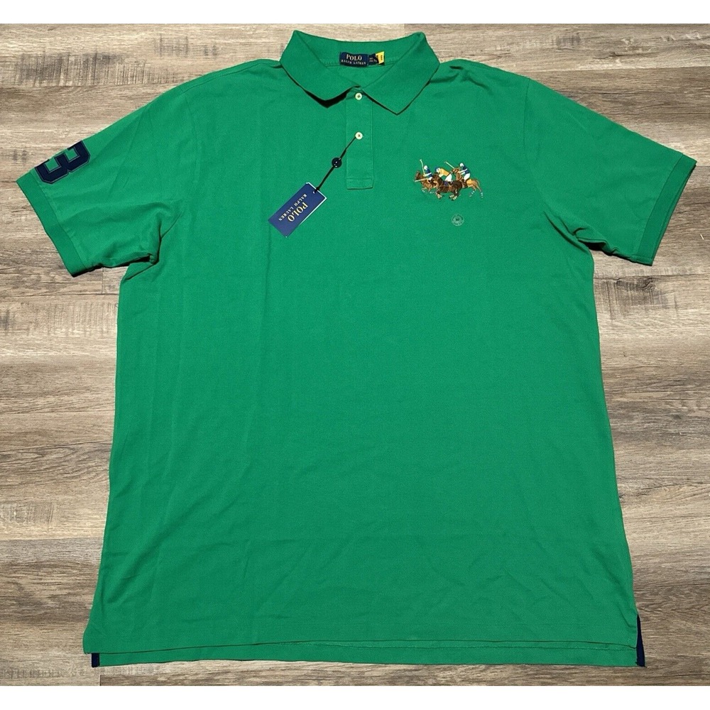 Polo Ralph Lauren Men's Size 3XLT Green Triple Pony Equestrian Mesh Shirt TALL